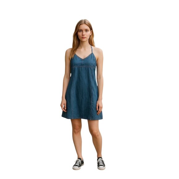 Route 66 Y2K Denim Halter Dress Blue Size 10 Coastal Retro Bratz Doll Beach Boho - Picture 1 of 10